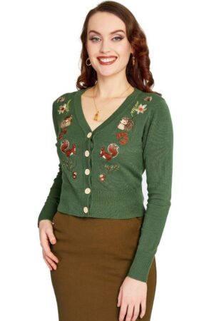 Voodoo Vixen Strickjacke Green Woodland Cardigan Retro Vintage Eichhörnchen Igel