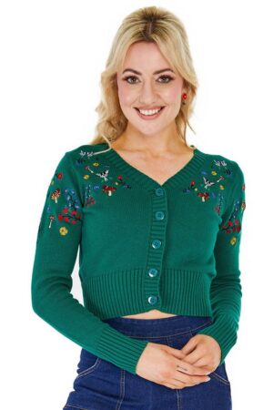 Voodoo Vixen Strickjacke Woodland Embroidery Cropped Cardigan Grün Retro Vintage
