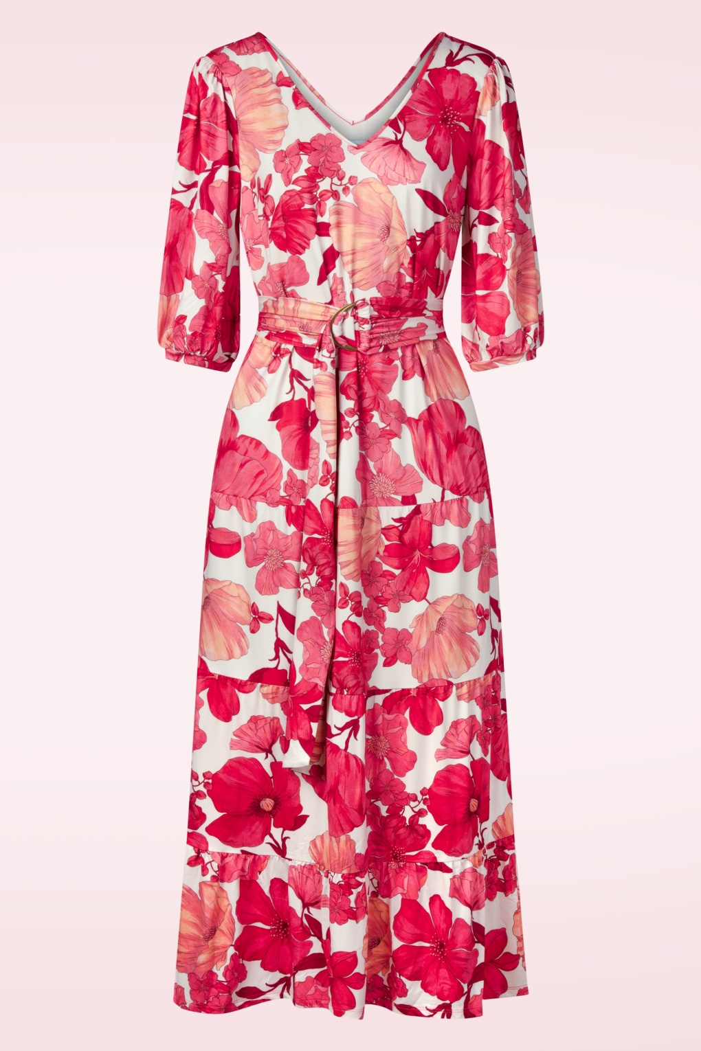 Amber Blossom Maxikleid in Wollweiß und Rot