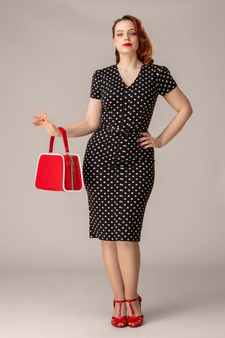 Exklusiv bei Topvintage ~ Fleur Polkadot Bleistiftkleid in Schwarz-Weiß