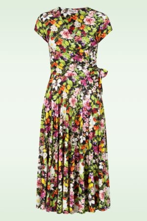 Exklusiv bei Topvintage ~ Layla Floral Crossover-Kleid in Schwarz/mehrfarbig