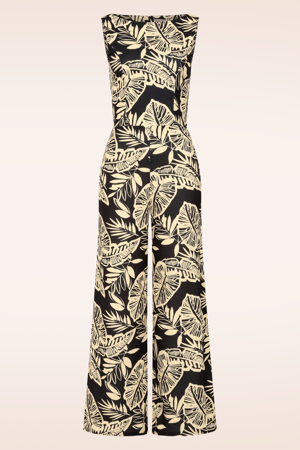 Exklusiv bei Topvintage ~ Tori Tropical Leaves Jumpsuit in Schwarz