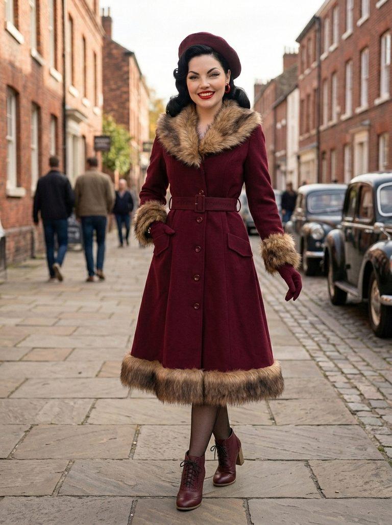 Winter Opulence: Mona’s Luxurious Bordeaux & Faux-Fur Stroll