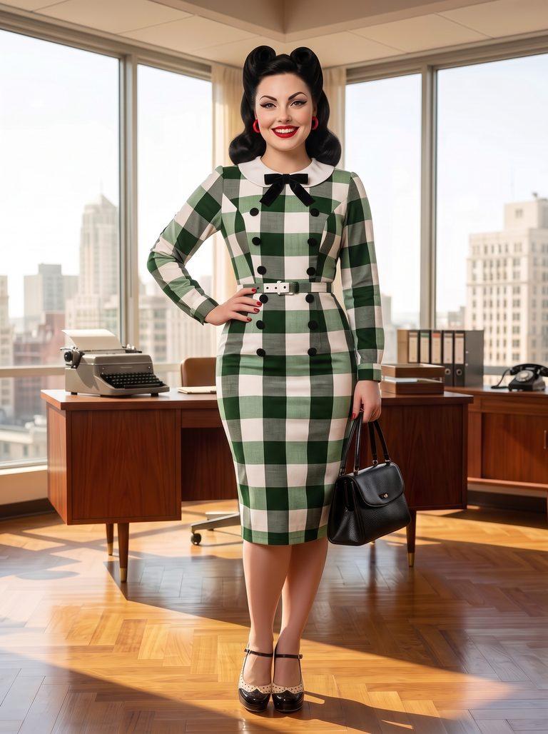 Mid-Century Executive: Mona’s Bold Gingham Power Move