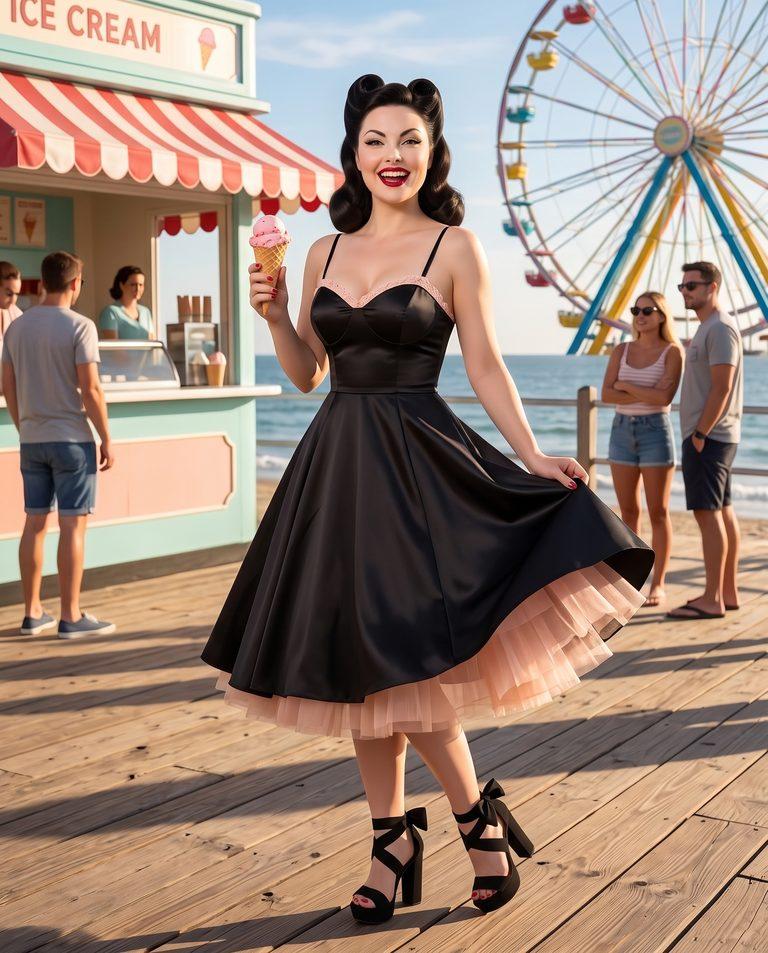 Boardwalk Radiance: Mona in Sculpted Black Satin & Frothy Blush Tulle