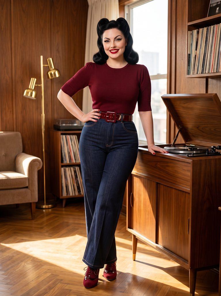 Vinyl & Velvet Hues: Styling Mona’s Signature Burgundy Knit & Denim Glamour